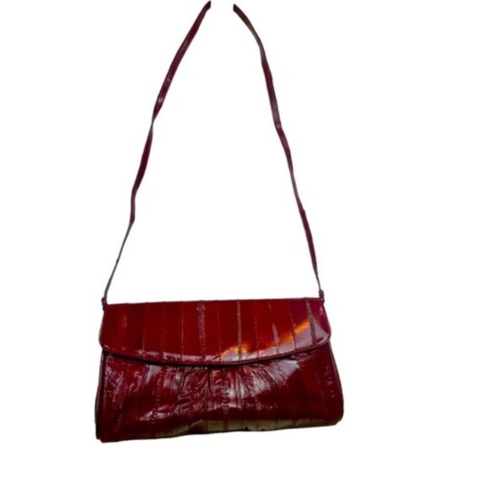 Eelegance Vintage 80s Eel Skin Leather Shoulder Bag Clutch Convertible Velvet